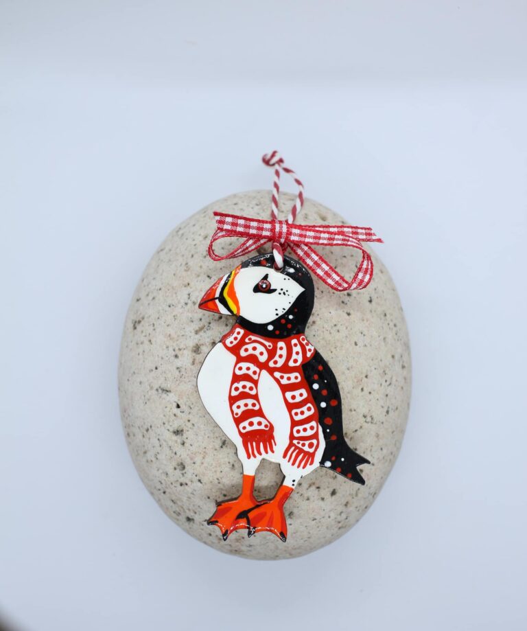 Christmas decoration- Puffin in a Christmas scarf (red and white spots)