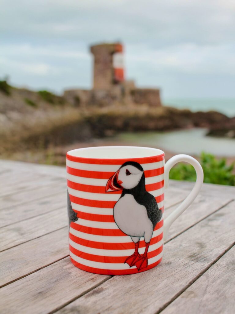 Plemont Puffin Bone China mug (Orange stripe)