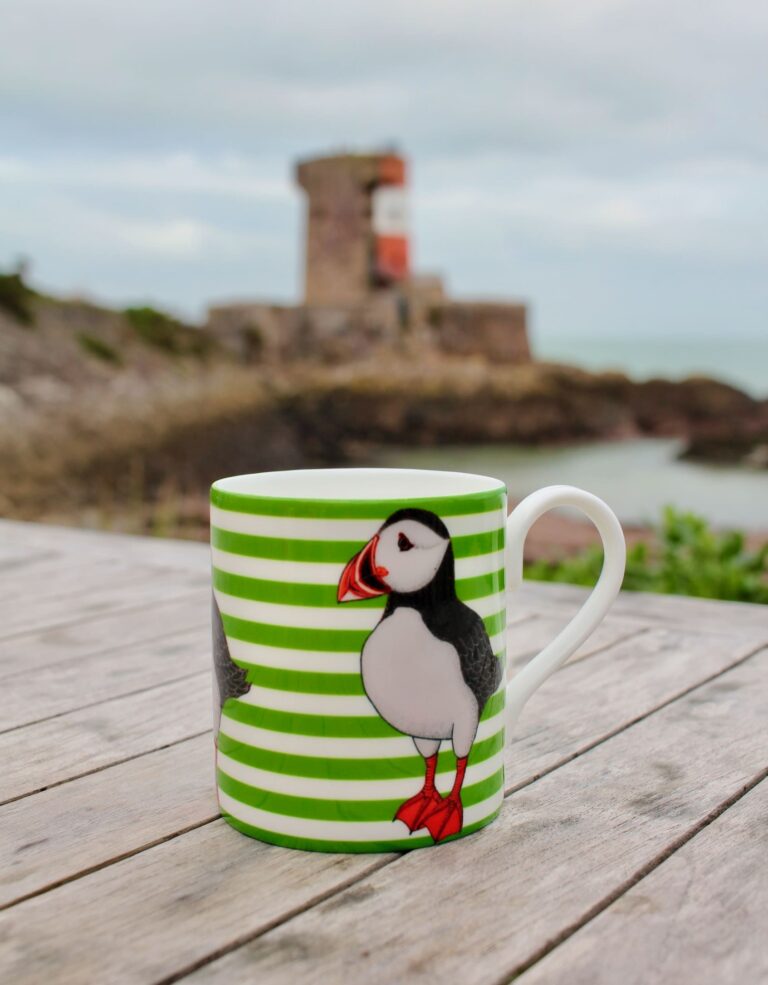 Plemont Puffin Bone china mug (Green stripe)