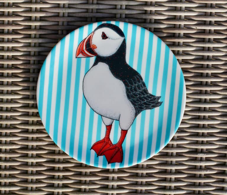 Puffin Bone china plate, Turquoise stripes ( Large)